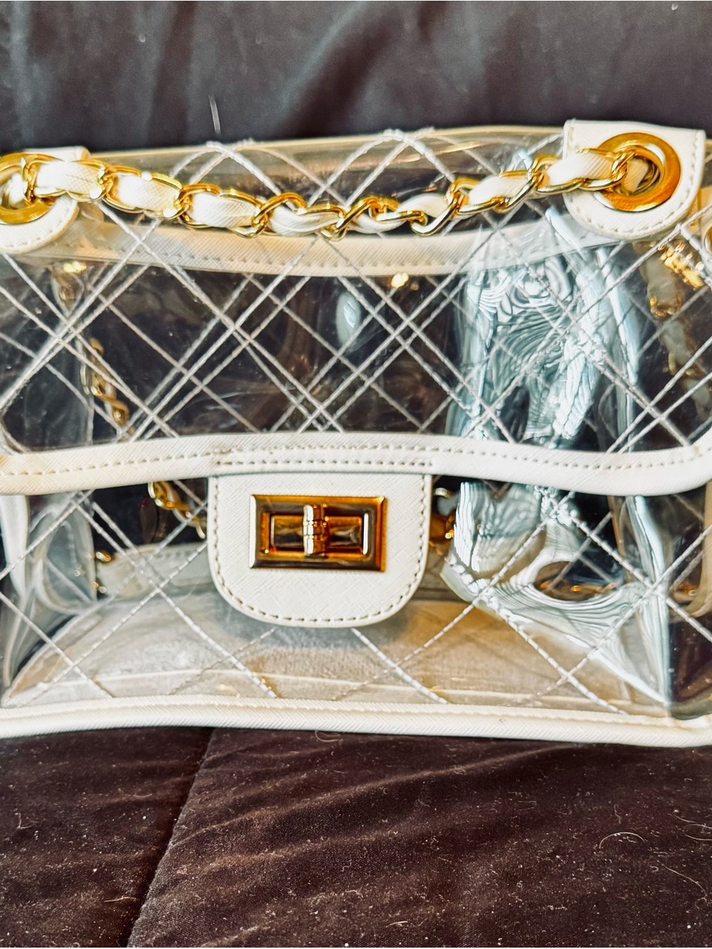 Clear Quilted‎ PVC Shoulder Bag with White Trim and Gold Hardware